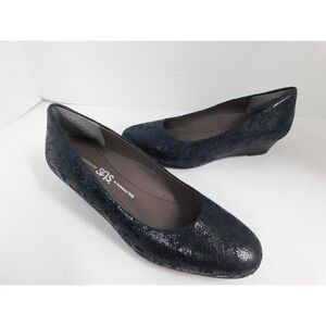 New SAS Sofia Navy‎ Blue Paisley Leather Wedge Pumps Italy 6.5 M